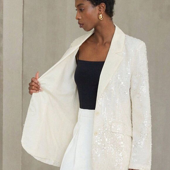 White Elegant Women's Sequin Style Chic Blazer - Picture 9 of 9